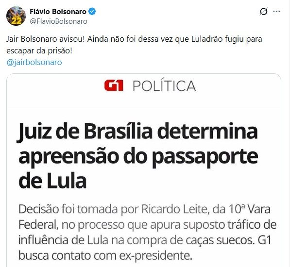 Publicação de Flávio Bolsonaro em 2018.