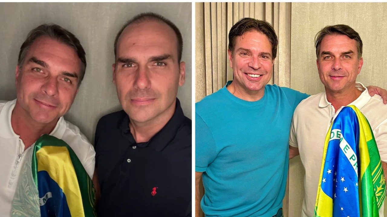 Flávio Bolsonaro em fotos publicadas nas redes sociais com Eduardo Bolsonaro e Alexandre Ramagem.